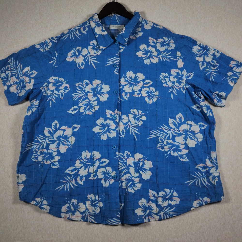 Tropical Floral Hibiscus Cotton Short Sleeve Button Shirt 24W Blue Womens Plus